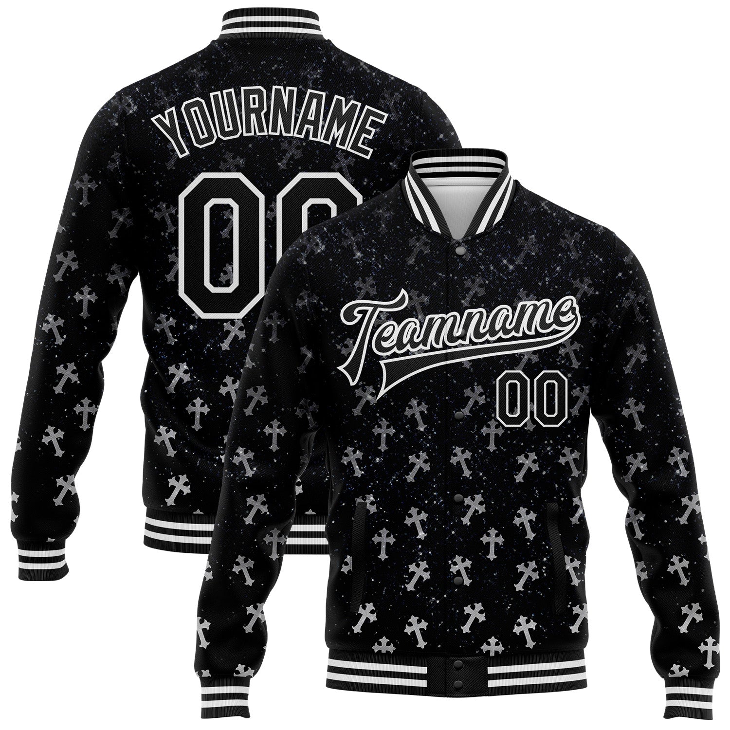 Custom Black White Gothic Glitter Crosses Bomber Full-Snap Varsity Letterman Jacket - Main View
