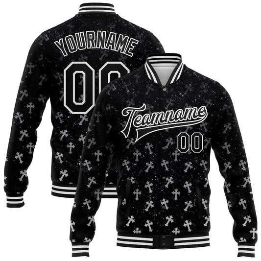 Custom Black White Gothic Glitter Crosses Bomber Full-Snap Varsity Letterman Jacket - Main View