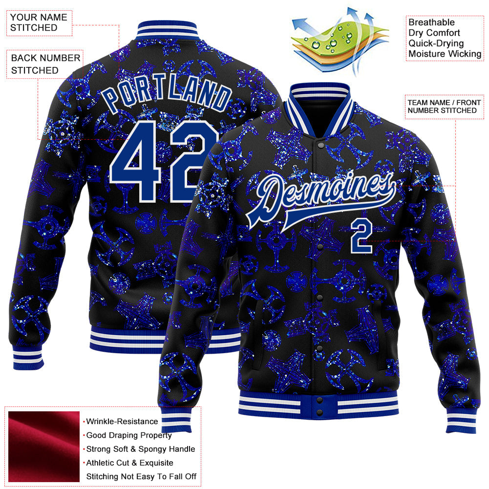 Custom Black Royal-White Gothic Glitter Crosses Bomber Full-Snap Varsity Letterman Jacket view 4