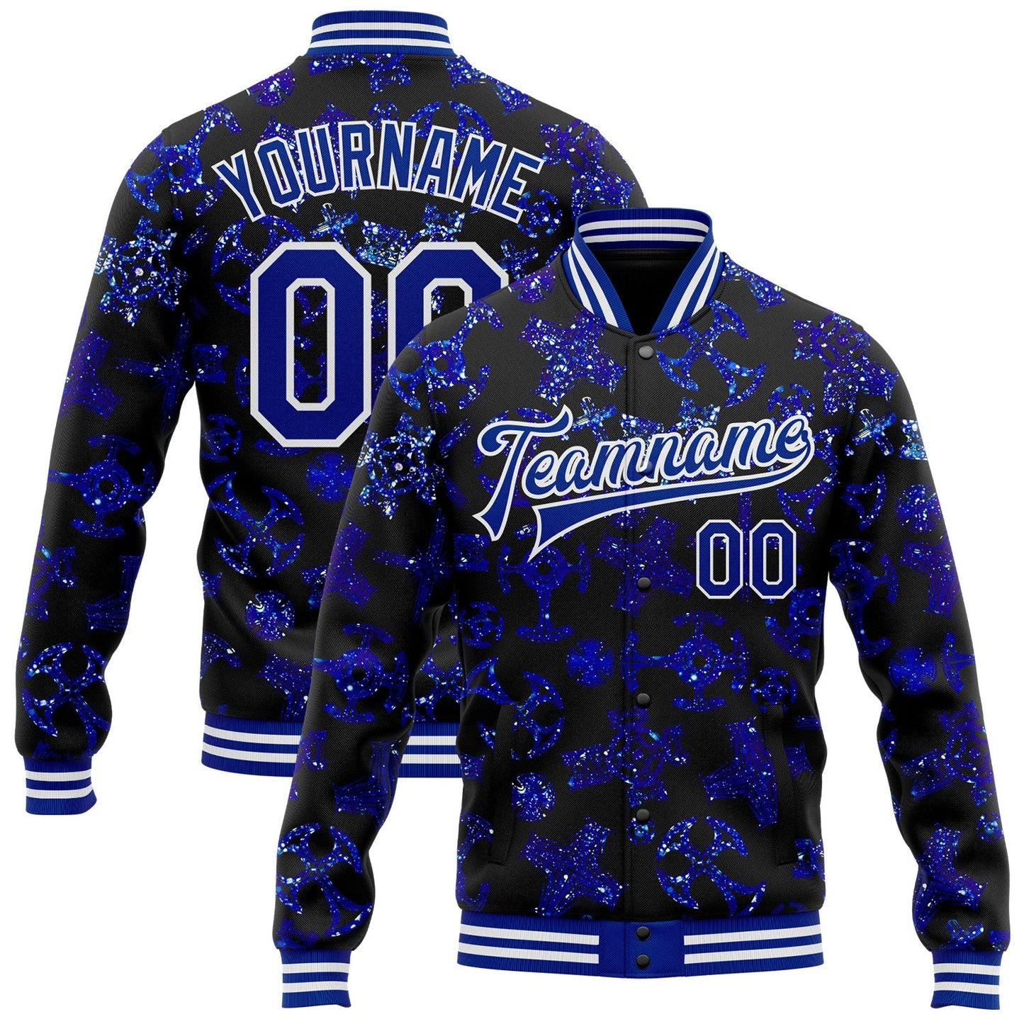 Custom Black Royal-White Gothic Glitter Crosses Bomber Full-Snap Varsity Letterman Jacket - Main View