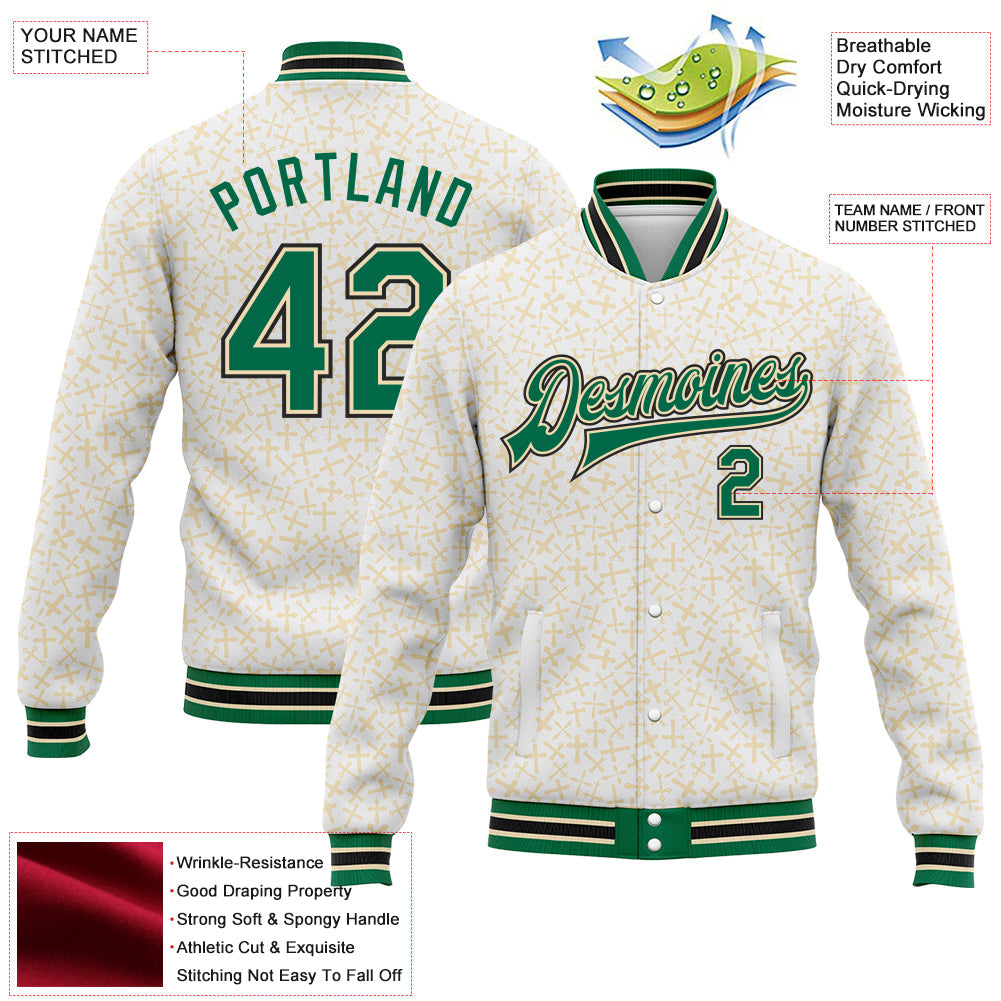 Custom White Kelly Green Cream-Black Crosses Bomber Full-Snap Varsity Letterman Jacket view 4