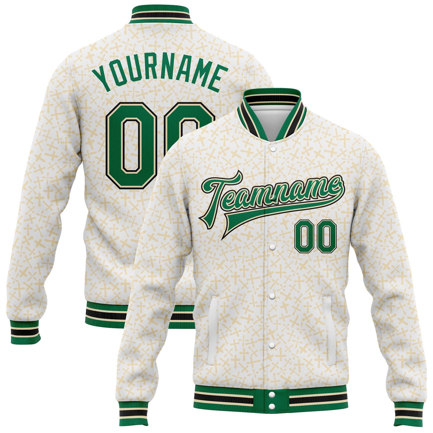 Custom White Kelly Green Cream-Black Crosses Bomber Full-Snap Varsity Letterman Jacket - Main View