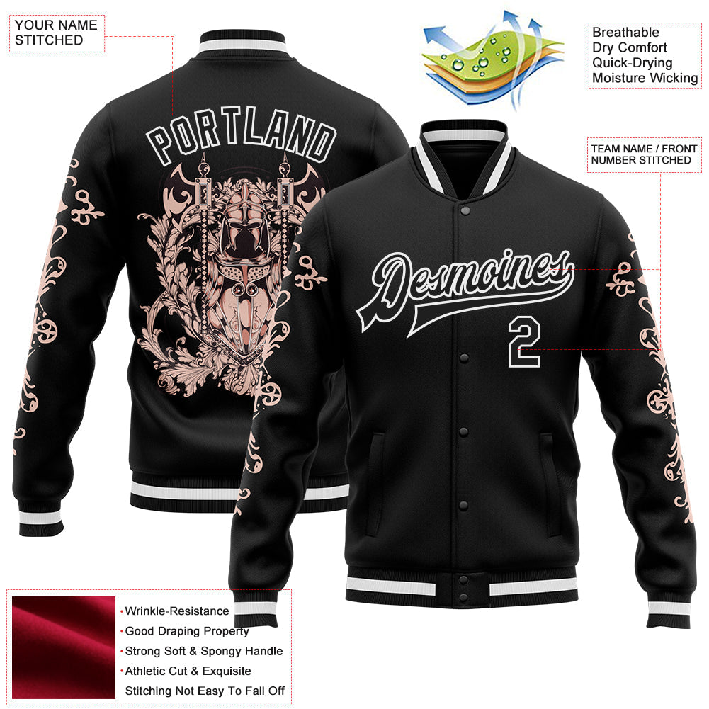 Custom Black White Gothic Skull Bomber Full-Snap Varsity Letterman Jacket view 4