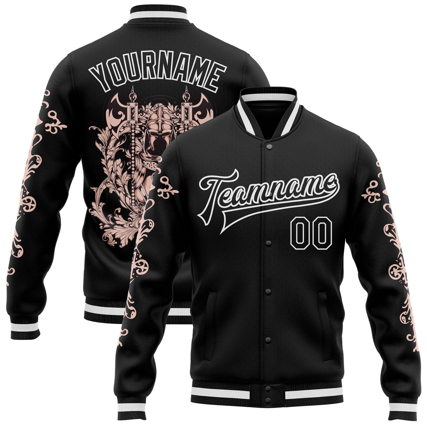 Custom Black White Gothic Skull Bomber Full-Snap Varsity Letterman Jacket - Main View
