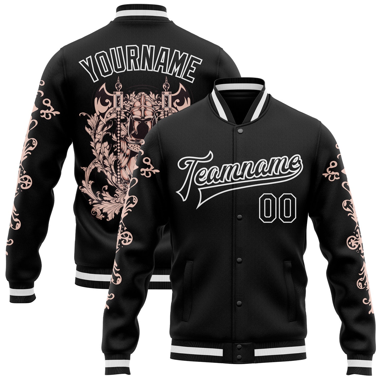 Custom Black White Gothic Skull Bomber Full-Snap Varsity Letterman Jacket - Main View