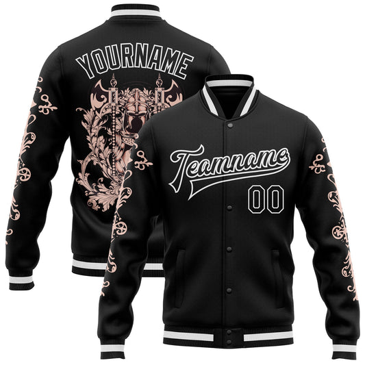 Custom Black White Gothic Skull Bomber Full-Snap Varsity Letterman Jacket - Main View