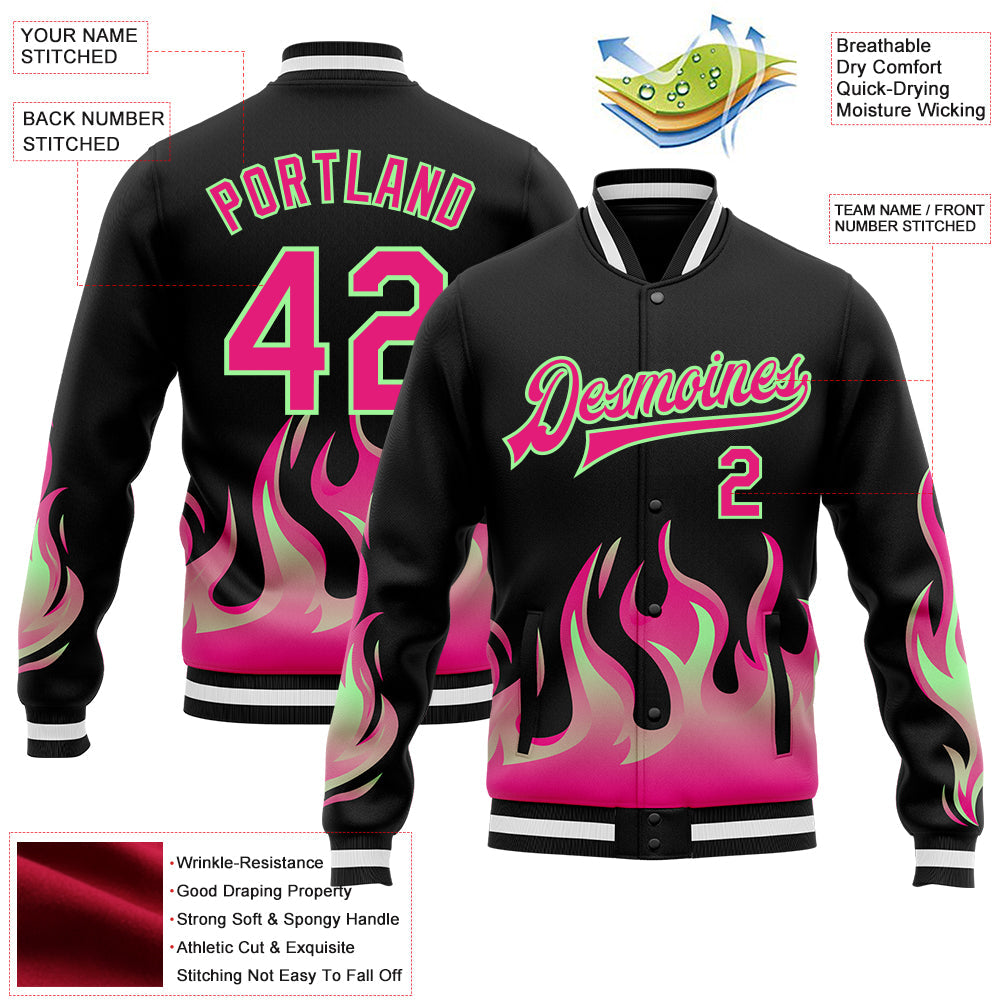 Custom Black Hot Pink Pea Green-White Flame Bomber Full-Snap Varsity Letterman Jacket view 4