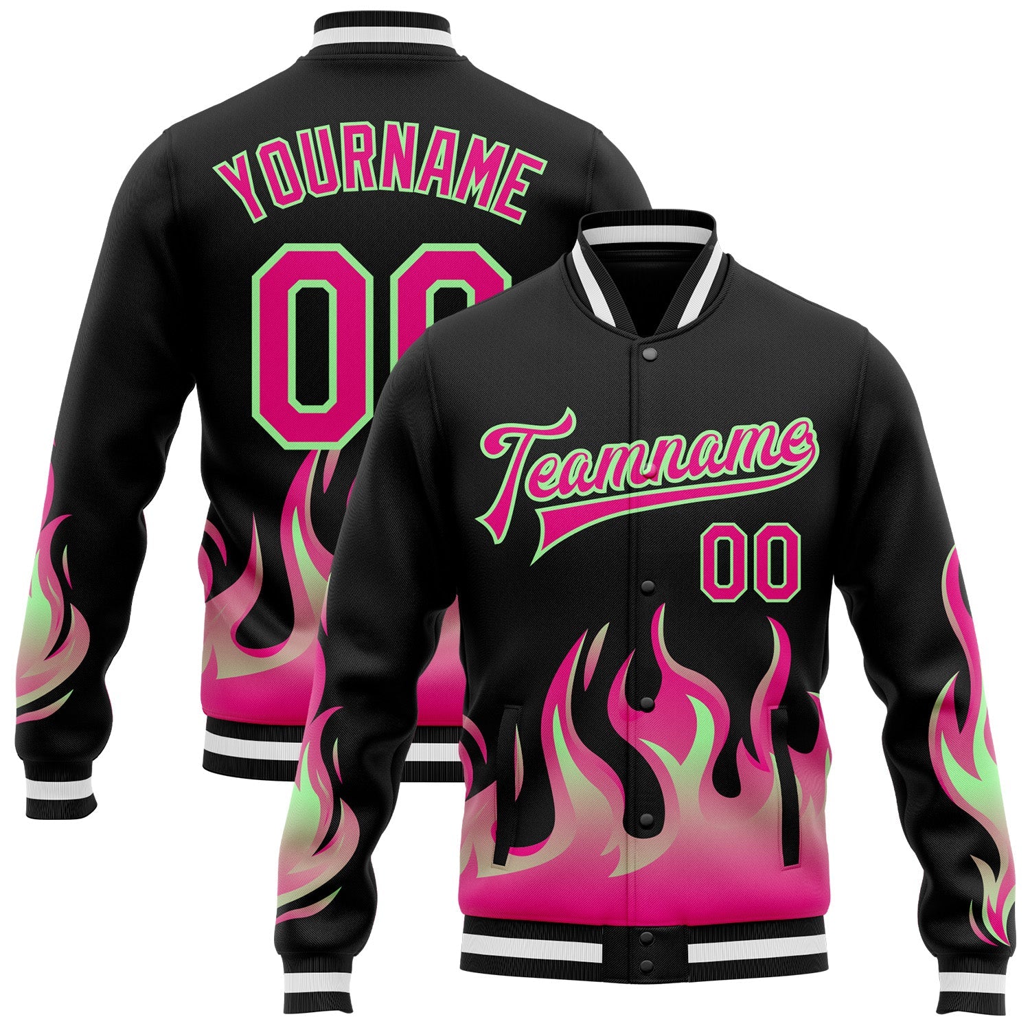 Custom Black Hot Pink Pea Green-White Flame Bomber Full-Snap Varsity Letterman Jacket - Main View