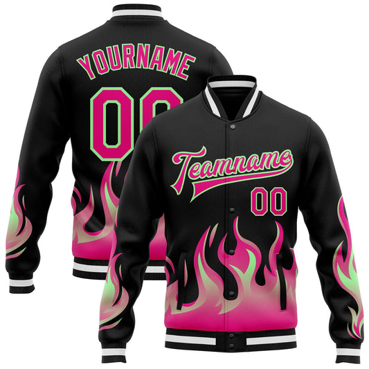 Custom Black Hot Pink Pea Green-White Flame Bomber Full-Snap Varsity Letterman Jacket - Main View