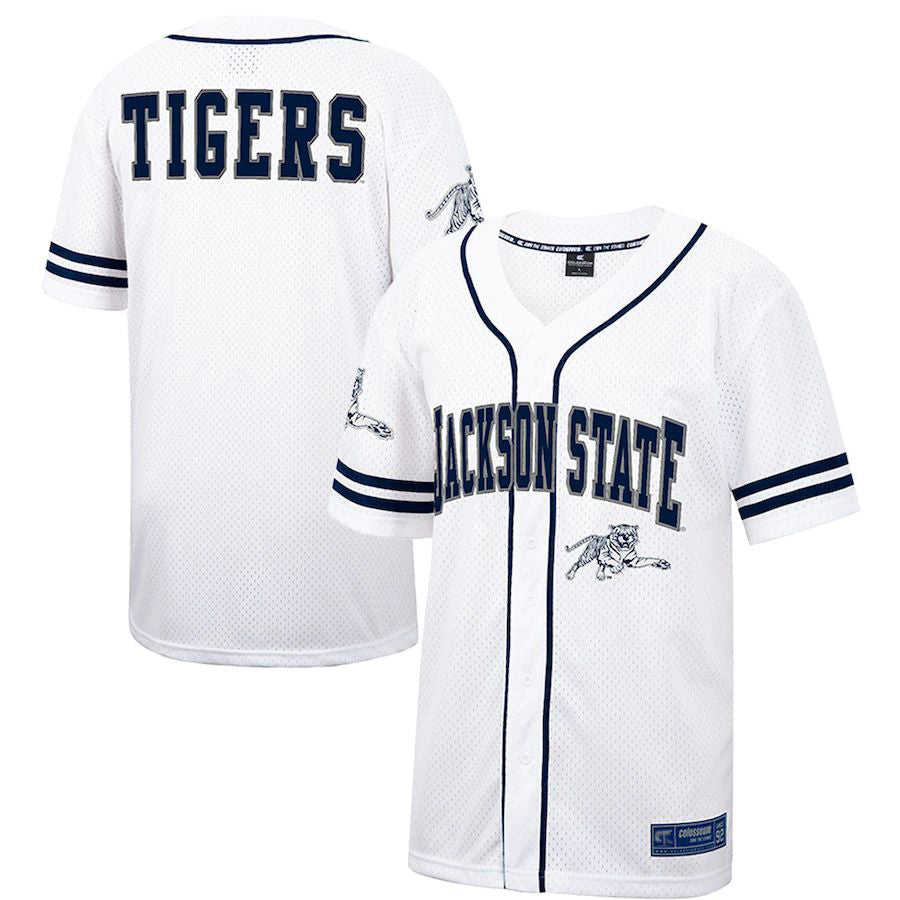 J.State Tigers Colosseum Free Spirited Baseball Jersey WhiteNavy Stitched American College Jerseys - Main View