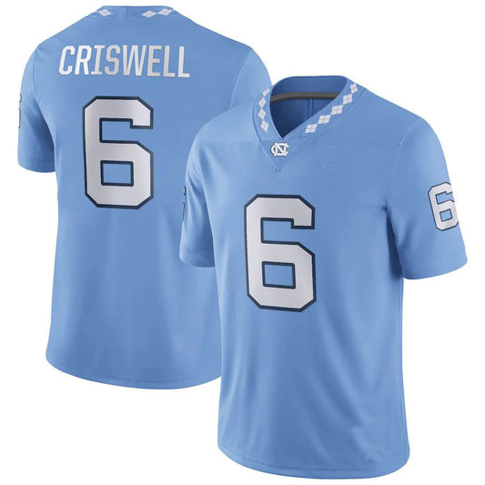 N.Carolina Tar Heels #6 Jacolby Criswell Jordan Brand NIL Replica Football Jersey Carolina Blue Stitched American College Jerseys - Main View