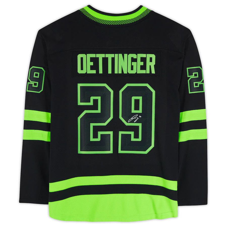 D.Stars #29 Jake Oettinger Fanatics Authentic Autographed Alternate Fanatics Breakaway Jersey Stitched American Hockey Jerseys - Main View