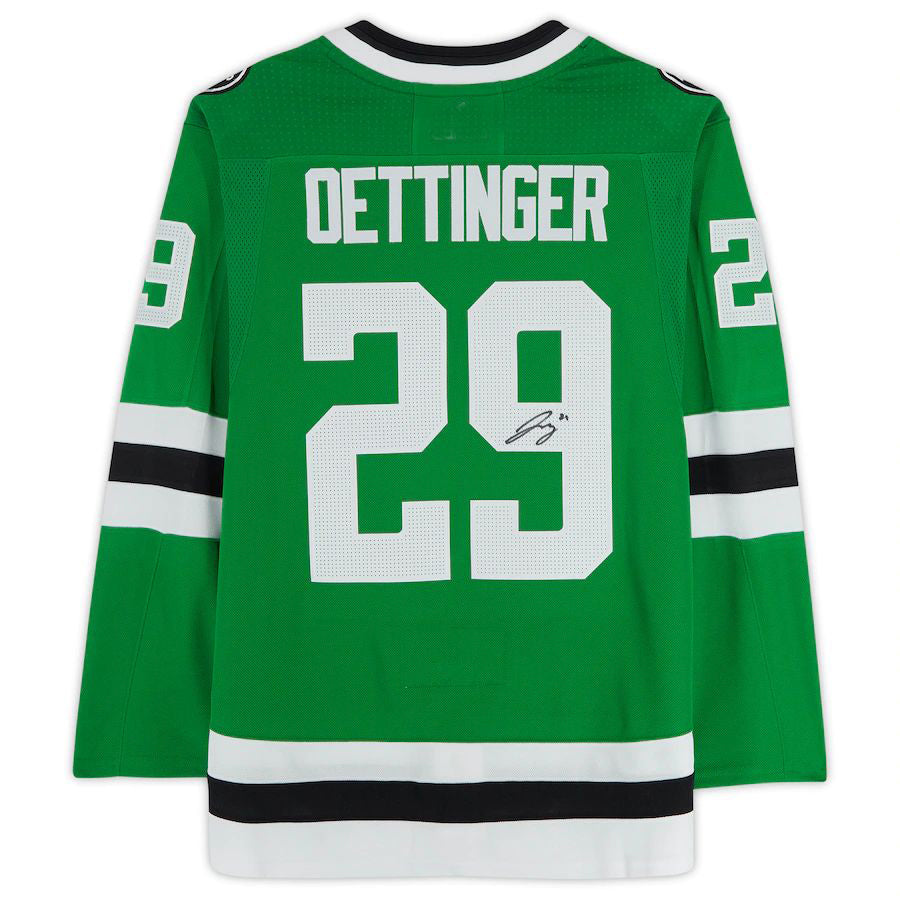 D.Stars #29 Jake Oettinger Fanatics Authentic Autographed adidas Authentic Jersey Kelly Green Stitched American Hockey Jerseys - Main View