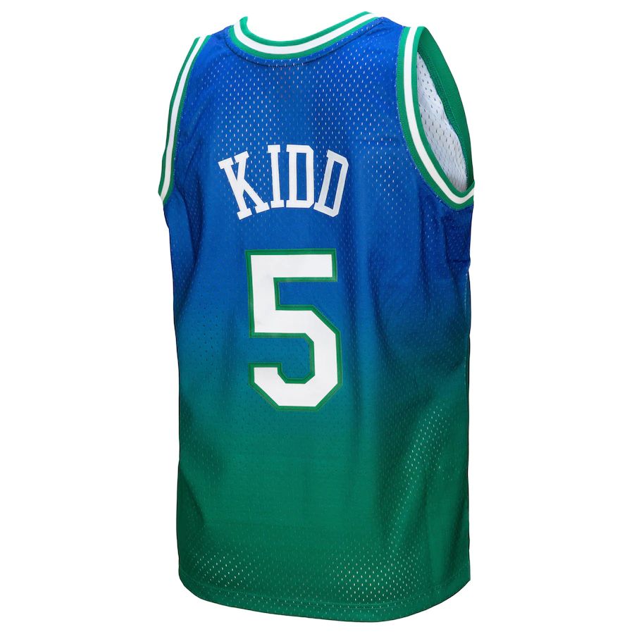 D.Mavericks #5 Jason Kidd Mitchell & Ness 1994-95 Hardwood Classics Fadeaway Swingman Player Jersey Green Navy Stitched American Basketball Jersey - Main View