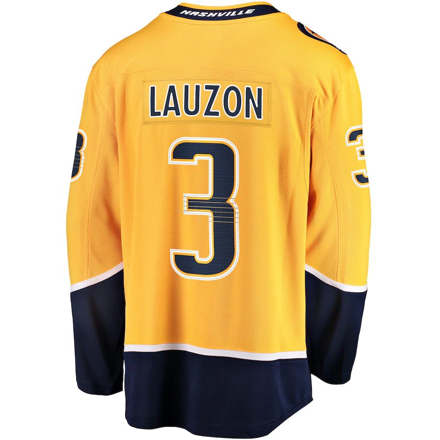 N.Predators #3 Jeremy Lauzon Fanatics Branded Home Breakaway Player Jersey Gold Stitched American Hockey Jerseys - Main View