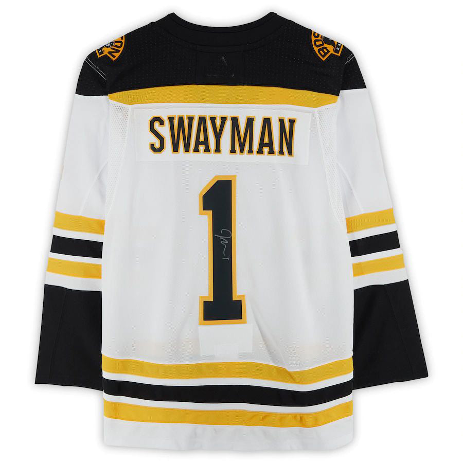 B.Bruins #1 Jeremy Swayman Fanatics Authentic Autographed Authentic Jersey White Black Stitched American Hockey Jerseys - Main View