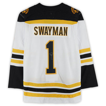 B.Bruins #1 Jeremy Swayman Fanatics Authentic Autographed Authentic Jersey White Black Stitched American Hockey Jerseys - Main View