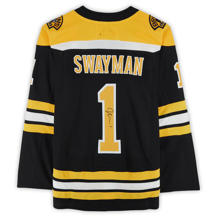 B.Bruins #1 Jeremy Swayman Fanatics Authentic Autographed Home Authentic Jersey Black Stitched American Hockey Jerseys - Main View