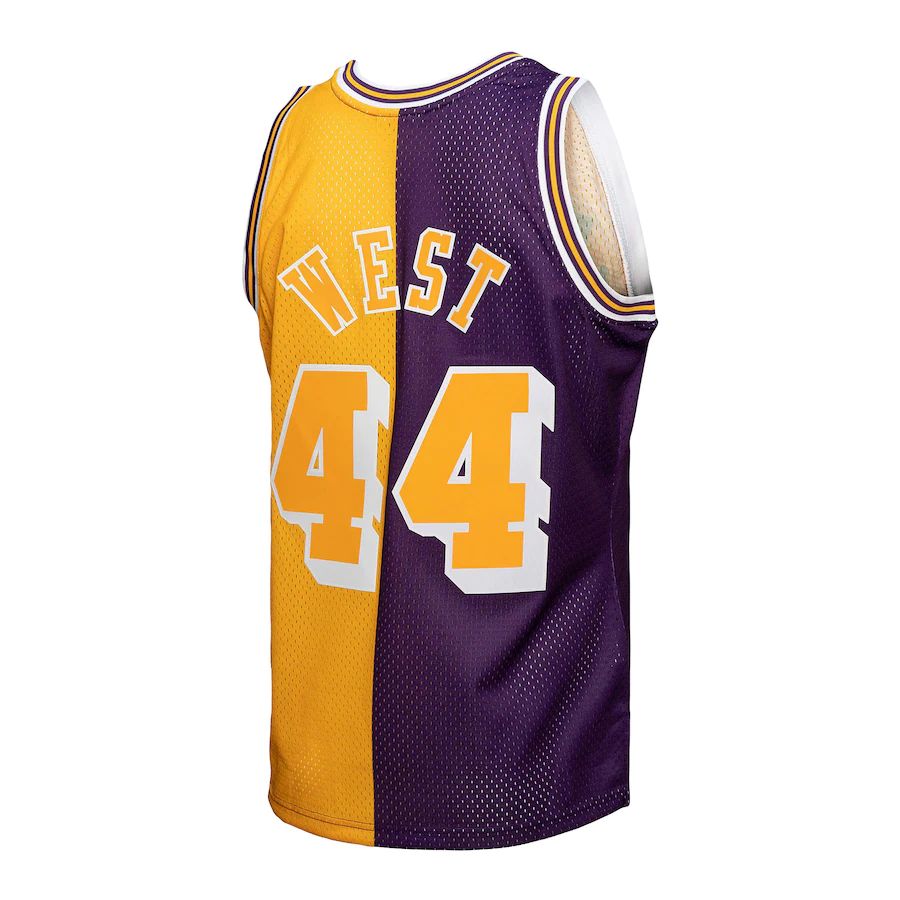 LA.Lakers #44 Jerry West Mitchell & Ness Hardwood Classics 1971-72 Split Swingman Jersey Purple Gold Stitched American Basketball Jersey - Main View