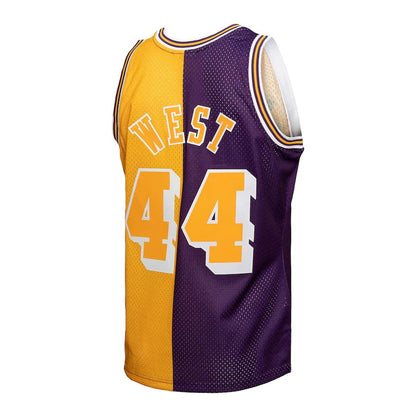 LA.Lakers #44 Jerry West Mitchell & Ness Hardwood Classics 1971-72 Split Swingman Jersey Purple Gold Stitched American Basketball Jersey - Main View