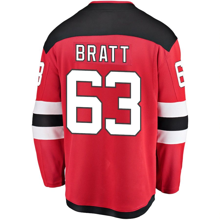 NJ.Devils #63 Jesper Bratt Fanatics Branded Home Breakaway Player Jersey Red Stitched American Hockey Jerseys - Main View