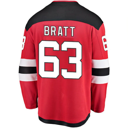 NJ.Devils #63 Jesper Bratt Fanatics Branded Home Breakaway Player Jersey Red Stitched American Hockey Jerseys - Main View