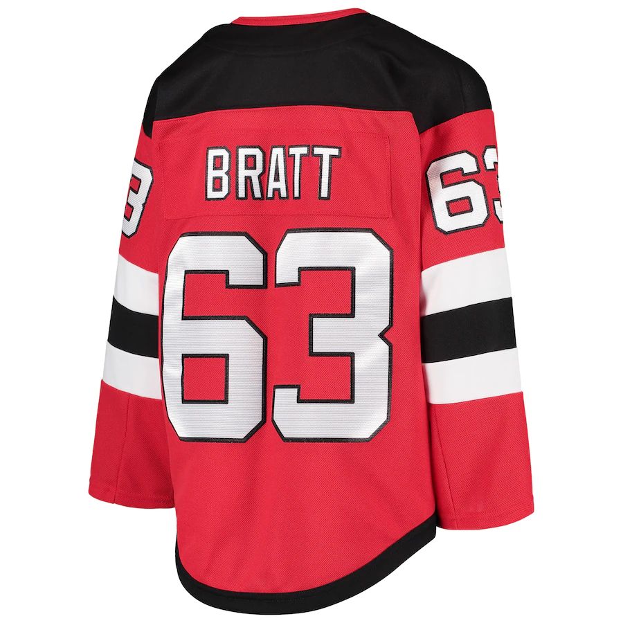 NJ.Devils #63 Jesper Bratt Home Premier Player Jersey Red Stitched American Hockey Jerseys - Main View