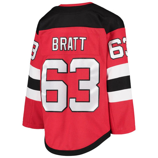 NJ.Devils #63 Jesper Bratt Home Premier Player Jersey Red Stitched American Hockey Jerseys - Main View