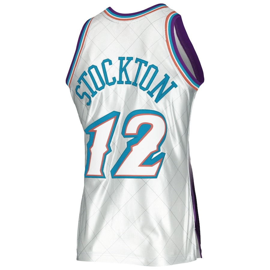 U.Jazz #12 John Stockton Mitchell & Ness 1996-97 Hardwood Classics 75th Anniversary Swingman Jersey Platinum Stitched American Basketball Jersey - Main View