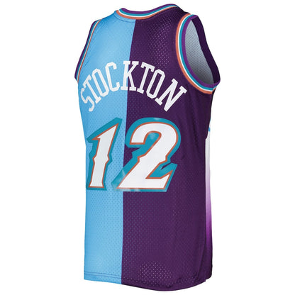 U.Jazz #12 John Stockton Mitchell & Ness Hardwood Classics 1996-97 Split Swingman Jersey Purple-Turquoise Stitched American Basketball Jersey - Main View