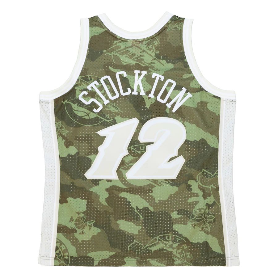 U.Jazz #12 John Stockton Mitchell & Ness Unisex Hardwood Classics 1998-99 Ghost Green Swingman Jersey Camo Stitched American Basketball Jersey - Main View