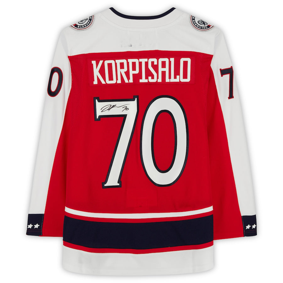 C.Blue Jackets #70 Joonas Korpisalo Fanatics Authentic Autographed 2020-21 Reverse Retro Jersey Red Stitched American Hockey Jerseys - Main View