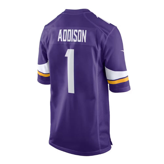 MN.Vikings #1 Jordan Addison 2023 Draft First Round Pick Game Jersey - Purple Stitched American Football Jerseys - Main View