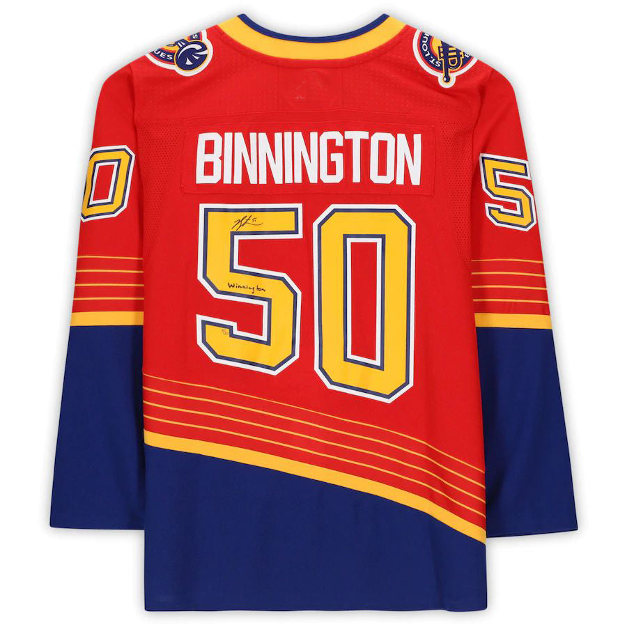 St.L.Blues #50 Jordan Binnington Fanatics Authentic Autographed 2020-21 Reverse Retro with Winnington Inscription Limited Edition of 20 Red Stitched American Hockey Jerseys - Main View