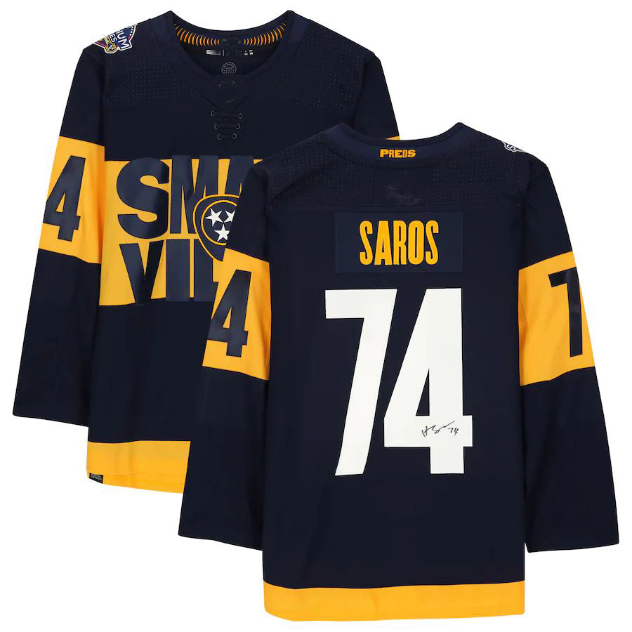 N.Predators #74 Juuse Saros Fanatics Authentic Autographed 2022 Stadium Series Jersey Navy Stitched American Hockey Jerseys - Main View
