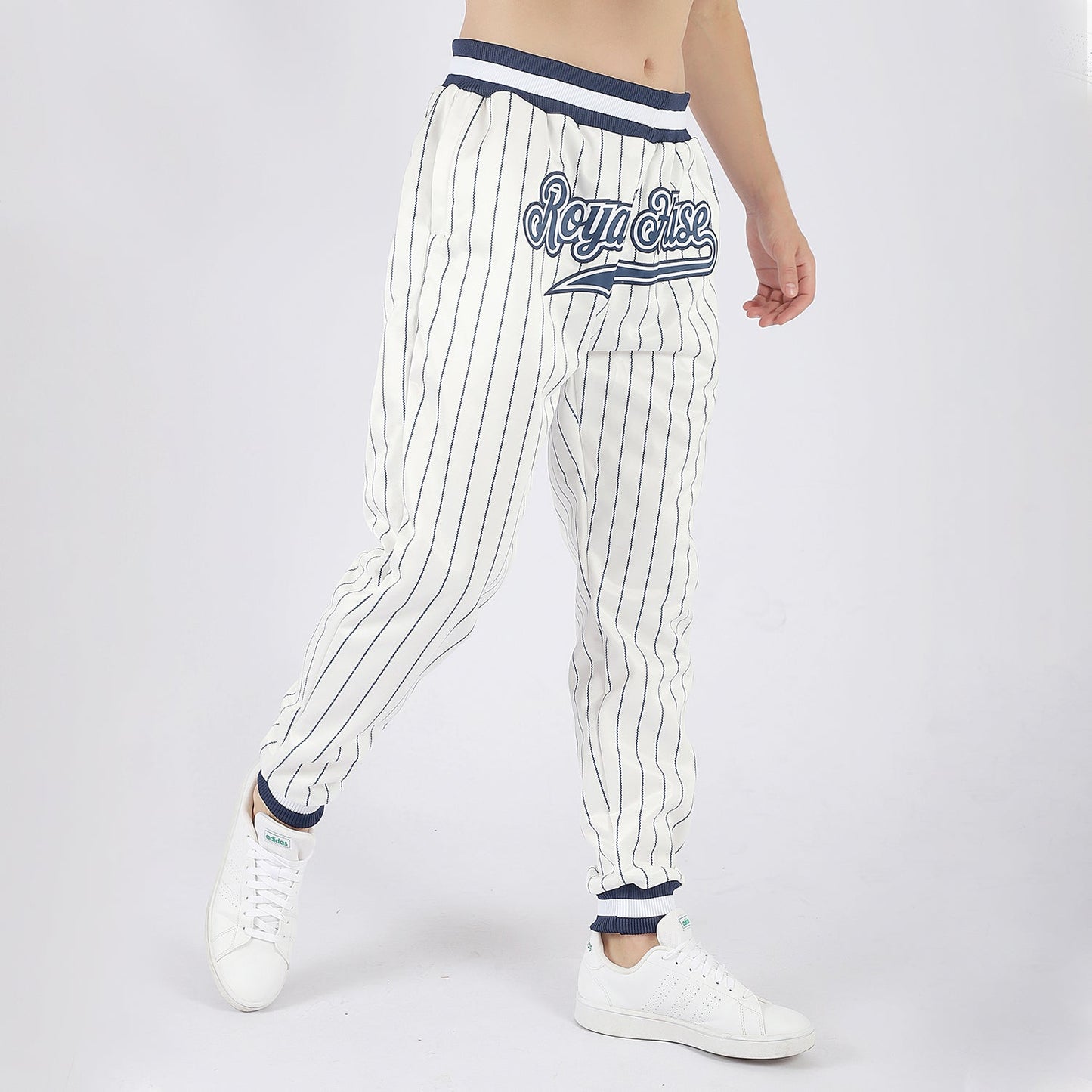 Custom White Navy Pinstripe Navy-White Sports Pants view 2