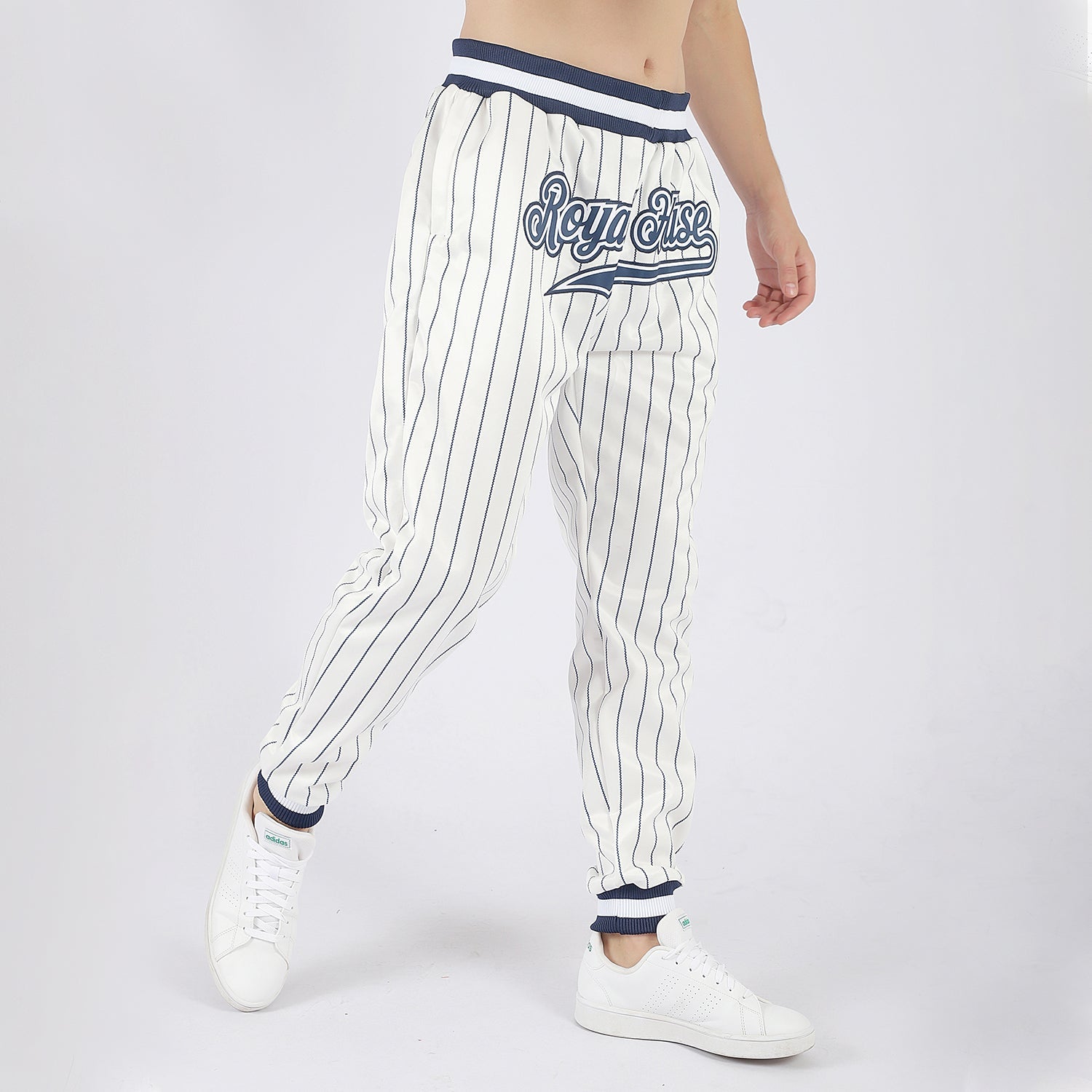 Custom White Navy Pinstripe Navy-White Sports Pants view 2