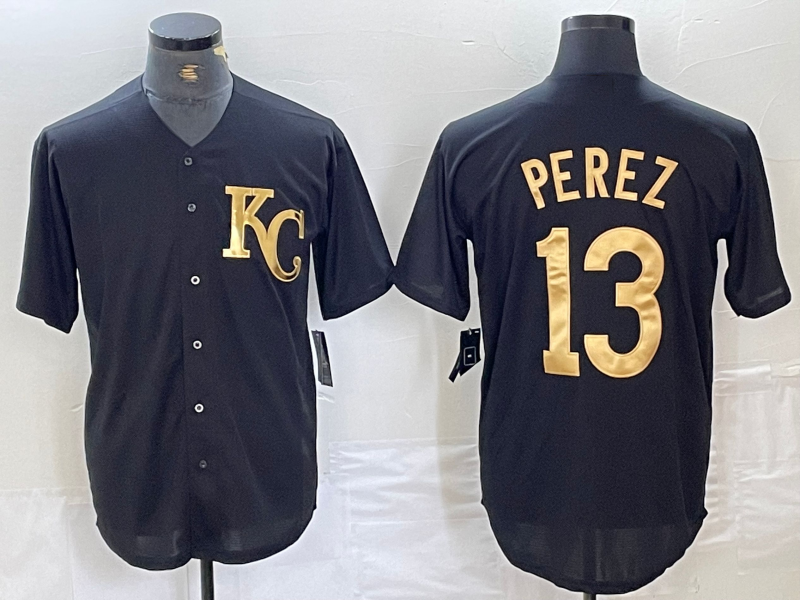Kansas City Royals #13 Salvador Perez Black Gold Cool Base Stitched Baseball Jersey - Main View