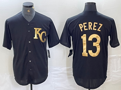 Kansas City Royals #13 Salvador Perez Black Gold Cool Base Stitched Baseball Jersey - Main View
