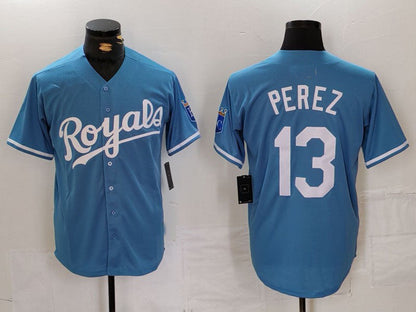 Kansas City Royals #13 Salvador Perez Light Blue Cool Base Stitched Baseball Jerseys - Main View