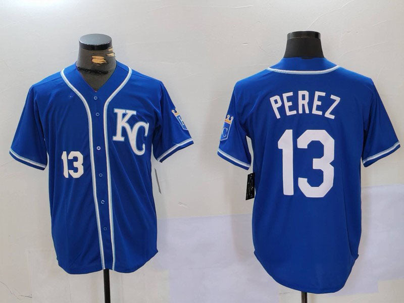 Kansas City Royals #13 Salvador Perez Number Blue KC Cool Base Stitched Baseball Jerseys - Main View