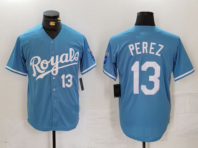 Kansas City Royals #13 Salvador Perez Number Light Blue Cool Base Stitched Baseball Jerseys - Main View