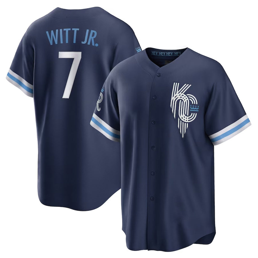 Kansas City Royals #7 Bobby Witt Jr. City Connect Replica Player Jersey - Navy Stitched Baseball Jersey - Main View