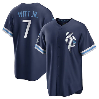 Kansas City Royals #7 Bobby Witt Jr. City Connect Replica Player Jersey - Navy Stitched Baseball Jersey - Main View