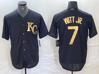 Kansas City Royals #7 Bobby Witt Jr Black Gold Cool Base Stitched Baseball Jersey - Main View