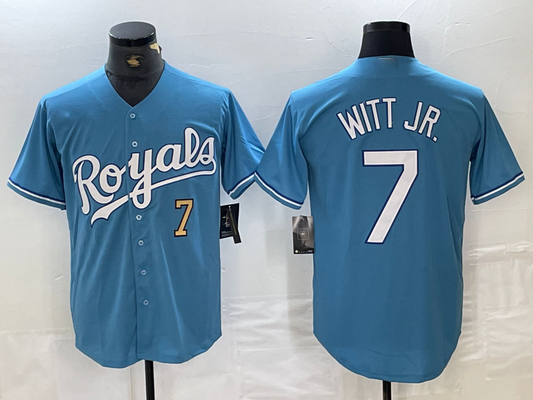 Kansas City Royals #7 Bobby Witt Jr Number Light Blue Cool Base Stitched Baseball Jersey - Main View