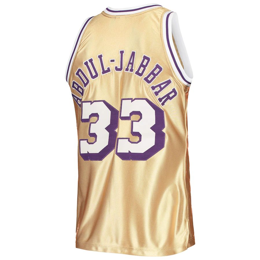 LA.Lakers #33 Kareem Abdul-Jabbar Mitchell & Ness 75th Anniversary 1983-84 Hardwood Classics Swingman Jersey Gold Stitched American Basketball Jersey - Main View