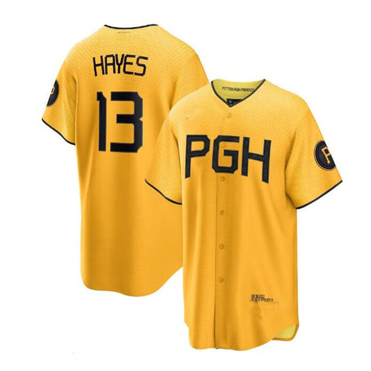 Pittsburgh Pirates #13 Ke'Bryan Hayes 2023 City Connect Replica Player Jersey - Gold Baseball Jerseys - Main View