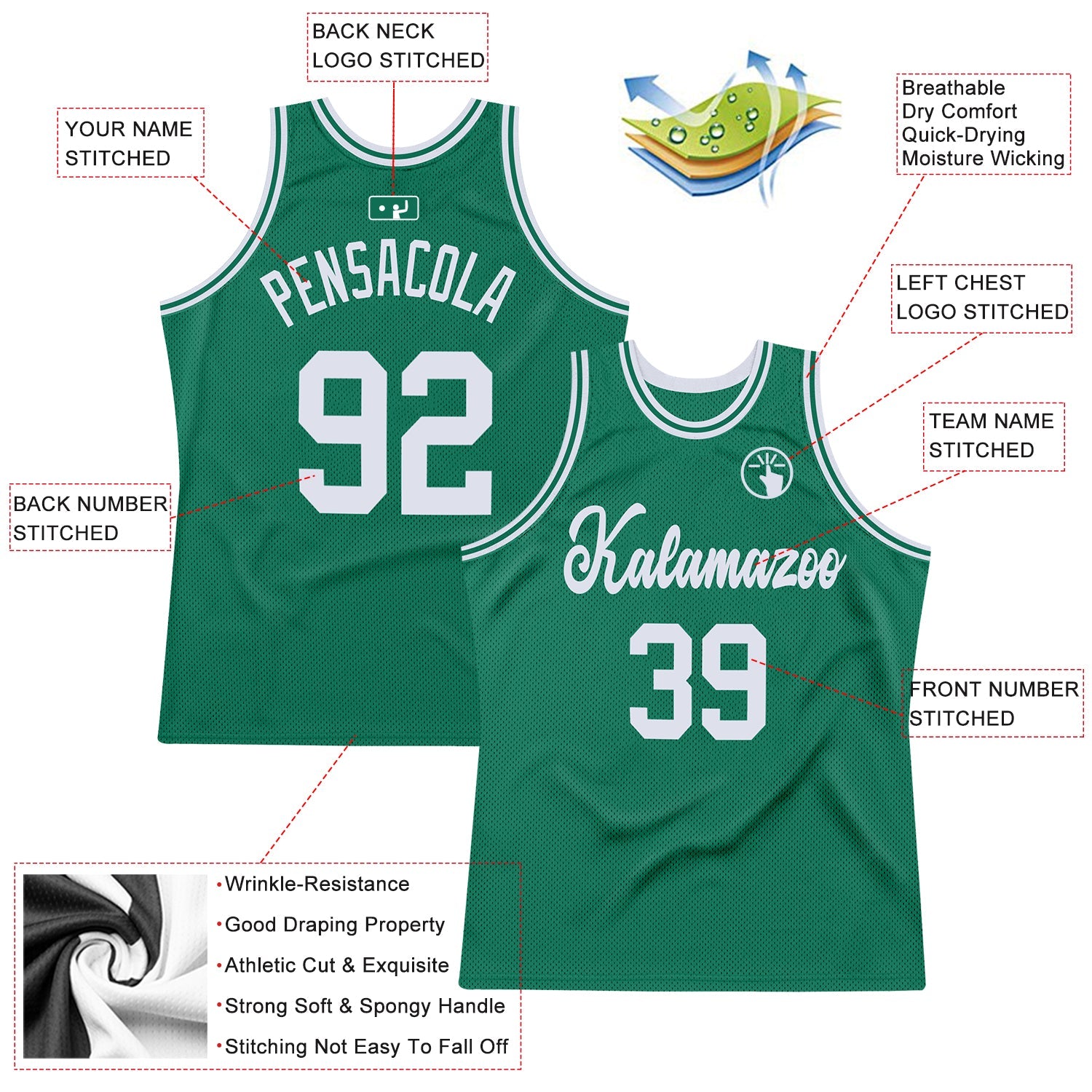 Custom Kelly Green White Authentic Throwback Basketball Jersey view 2