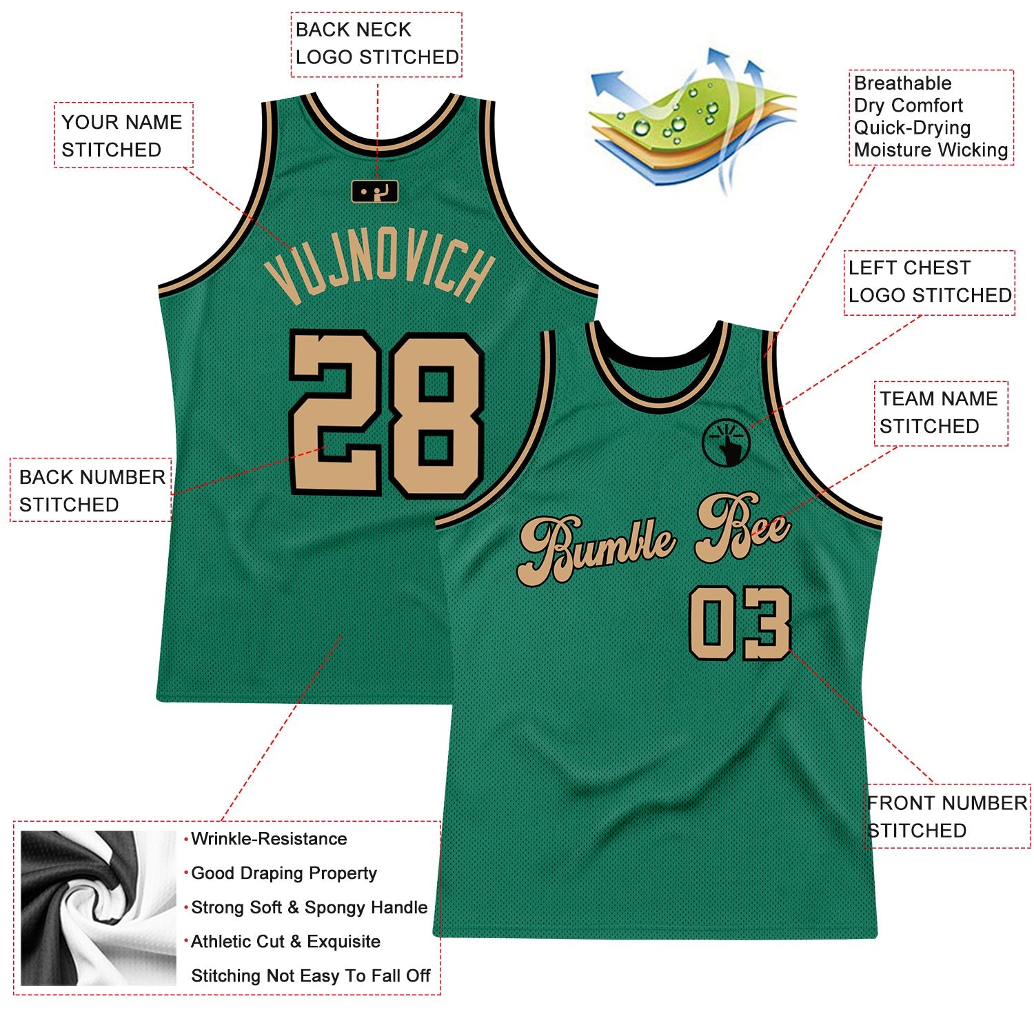 Custom Kelly Green Old Gold-Black Authentic Throwback Basketball Jersey view 2